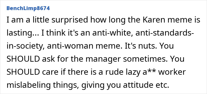 Screenshot of an online comment discussing the Karen meme and its association with rude millennial women.