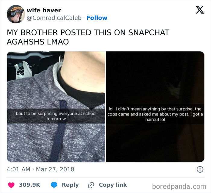 Snapchat post humor showing a surprising message followed by a funny police misunderstanding, part of hilarious posts to make you laugh.