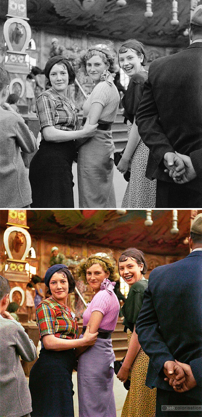 Colorized old photo of three women smiling at a fairground, showcasing artist colorizing vintage images and history perception.