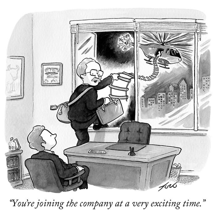 One-panel comic by Tom Toro showing a man entering a building via helicopter while another watches in an office.