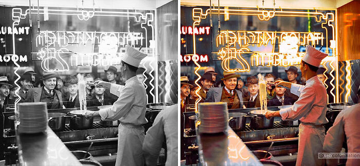 Side-by-side black and white and colorized image of a chef serving noodles in a busy restaurant, showcasing artist colorizing old photos.