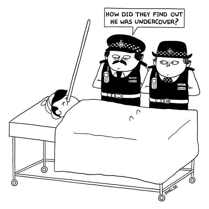 Black and white comic illustration showing two police officers puzzled over a man with a long nose on a hospital bed, humorous art.