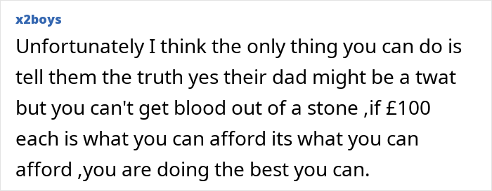 Comment discussing a man who changes his mind about contributing money per kid for Christmas, causing a mom to panic.