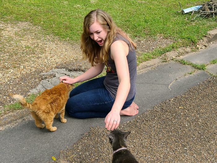 Young woman sitting on pavement, interacting with two cats, captured in a funny and interesting moment perfect for weird pics.