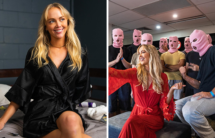 Blonde woman in black and red robes with a group wearing pink masks in an indoor setting, linked to adult stars controversies. Blonde woman in black and red robes with a group wearing pink masks in an indoor setting, linked to adult stars controversies.