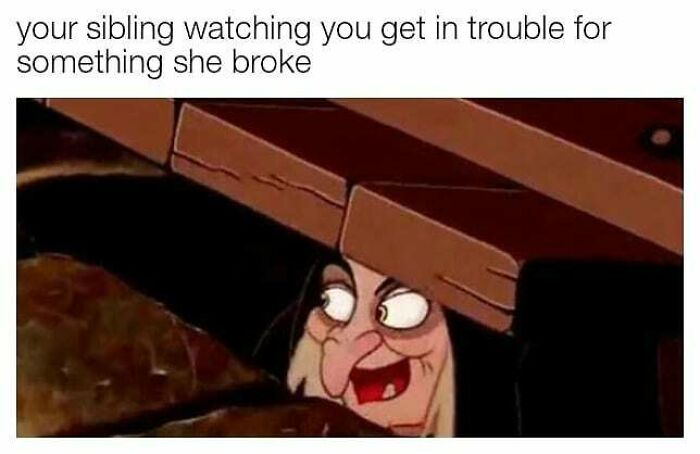 Cartoon character hiding with a mischievous smile, illustrating sibling meme about getting blamed for something they broke.