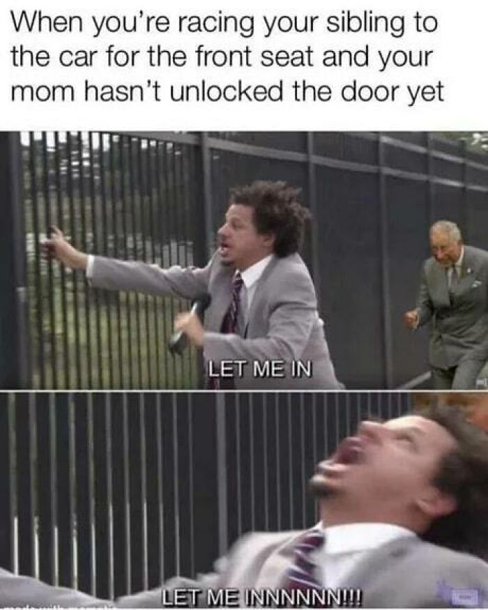 Man in a suit frantically pleading to be let into a locked gate, illustrating sibling rivalry humor in memes.