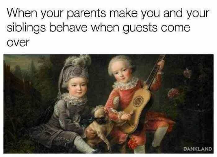 Two children dressed in vintage clothing, one holding a guitar, illustrating sibling behavior memes about guests.