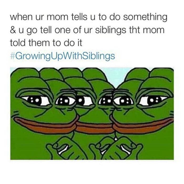Group of Pepe the Frog faces smirking, illustrating sibling dynamics and sharing tasks as part of growing up with siblings.