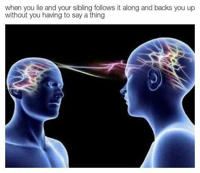 Two glowing blue figures with neural connections illustrating siblings understanding each other without words, sibling memes concept.