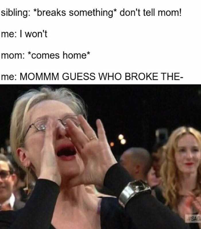 Woman shouting with hands around mouth, illustrating sibling memes about breaking things and telling on each other.