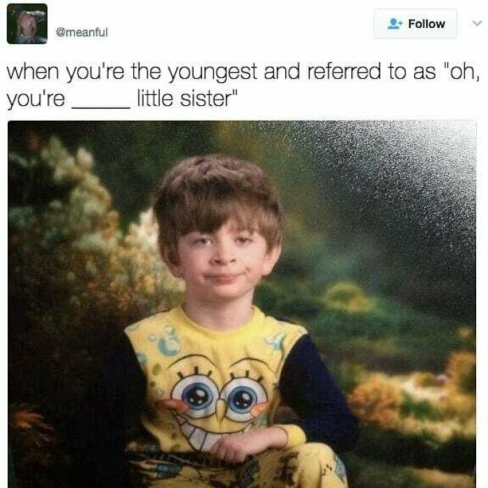 Young child in SpongeBob pajamas making a skeptical face, illustrating relatable sibling memes about being the youngest sibling.
