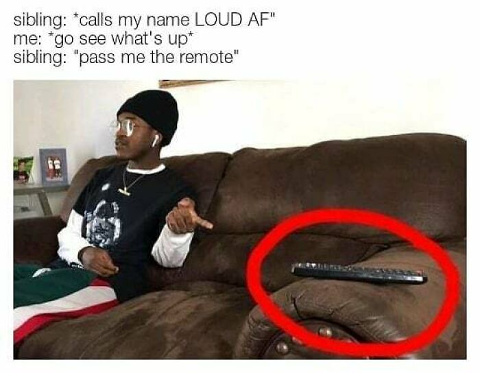 Person sitting on a couch pointing at remote circled in red, illustrating sibling memes about sharing and communication.