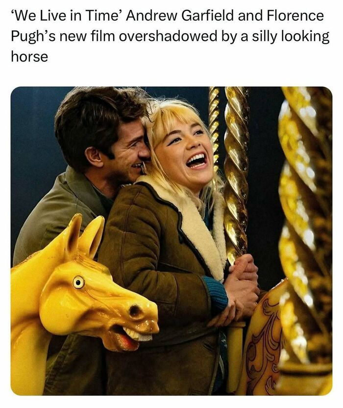 Andrew Garfield and Florence Pugh smiling on a carousel next to a silly looking yellow horse meme.