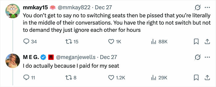 Screenshot of Twitter conversation about a woman saying a man punished her for not switching seats on a flight.