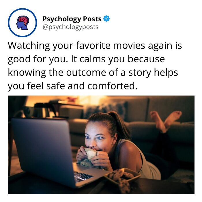 Woman lying on floor watching laptop, illustrating fun and fascinating psychology facts about comfort and safety.