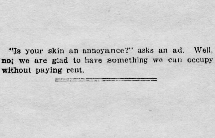 Vintage newspaper clipping showing a humorous and relatable old ad about skin and paying rent.