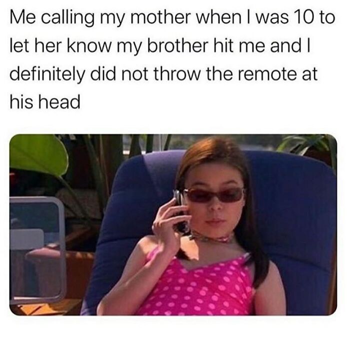 Child wearing sunglasses and a pink top, talking on the phone, illustrating sibling memes and childhood family dynamics.