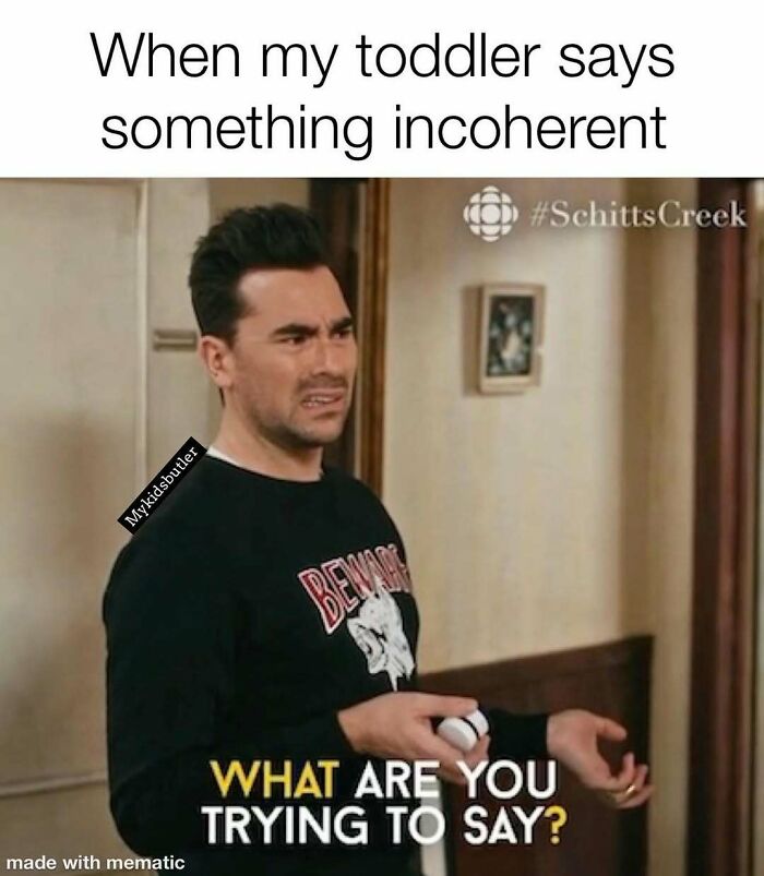 Man making a confused face with text about toddlers saying incoherent things in funny parenting memes context.