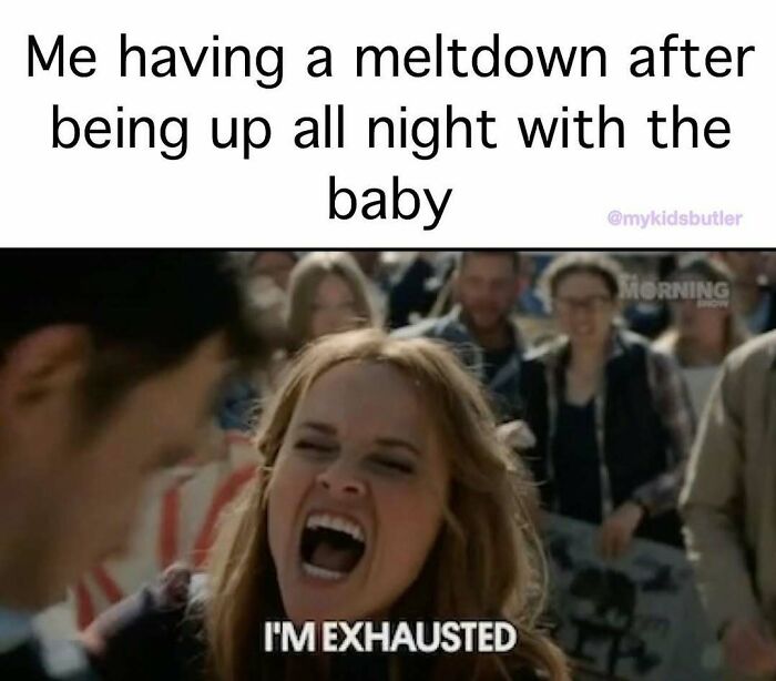Tired parent screaming in a crowd, caption about meltdown after staying up all night with the baby, funny parenting meme.
