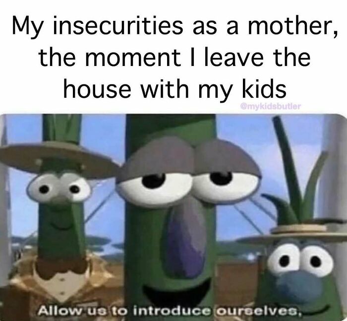 Funny and savage parenting meme showing anxious characters representing insecurities when leaving the house with kids.