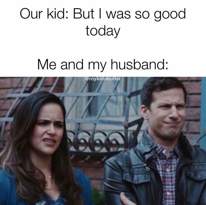 Couple making skeptical faces in a parenting meme illustrating funny and savage parenting moments.