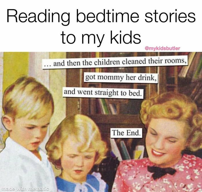Vintage-style image of a mother reading funny and savage parenting memes about bedtime stories to her kids.