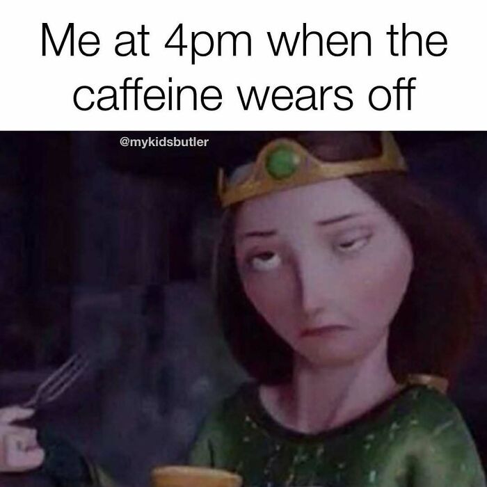 Tired animated character meme illustrating parenting struggles and caffeine crash in funny and savage parenting memes.