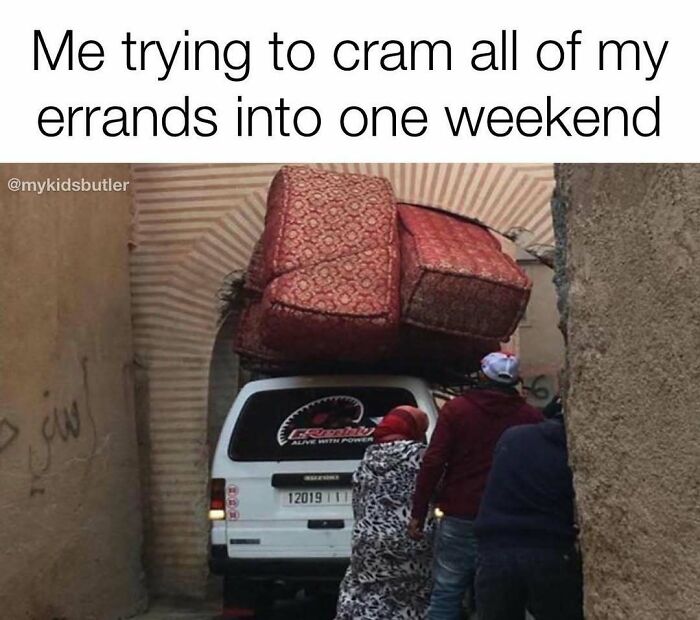 Person struggling to balance large furniture on a small van, representing funny and savage parenting memes about cramped errands.