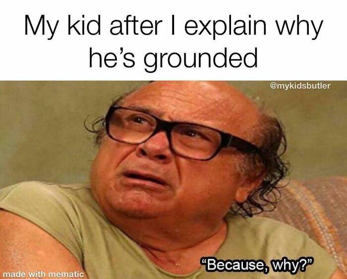 Man with glasses making a confused face in a parenting meme about kids being grounded and funny savage parenting memes.