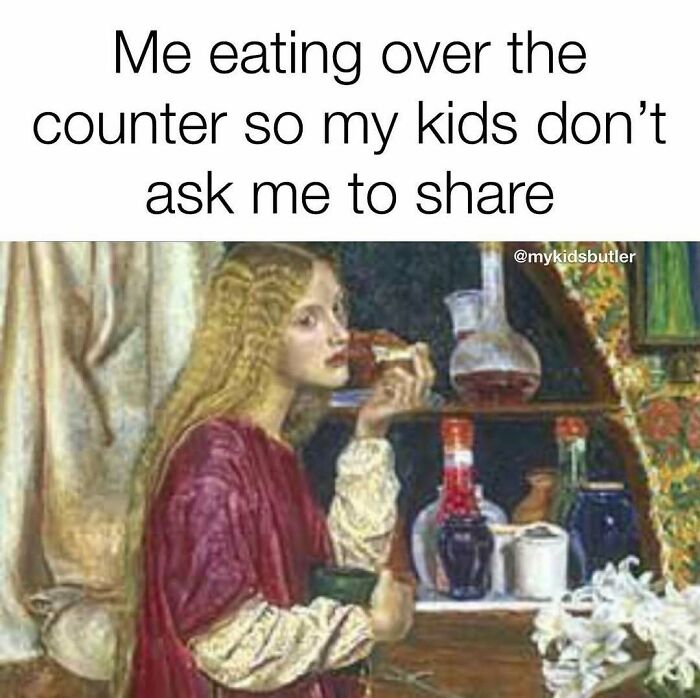 Funny and savage parenting meme showing a woman eating alone to avoid sharing with her kids over the counter.