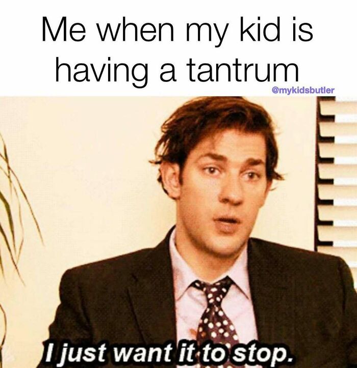Man in suit looking tired with text about a kid having a tantrum, illustrating funny and savage parenting memes.