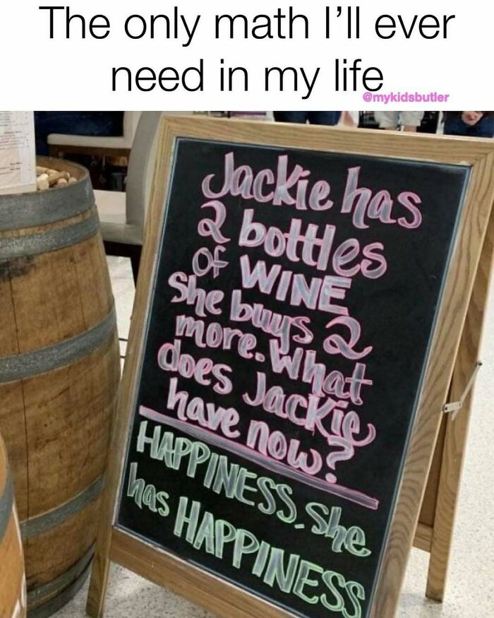 Chalkboard humor about wine and happiness, a funny and savage parenting meme to scroll through while hiding from kids.