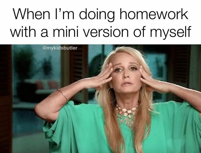 Woman looking stressed while doing homework with a child, illustrating funny and savage parenting memes.