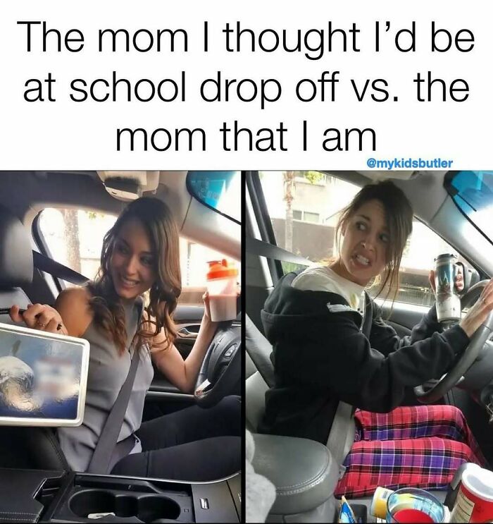 Comparison of a perfect mom versus a stressed mom at school drop off, showcasing funny and savage parenting memes.