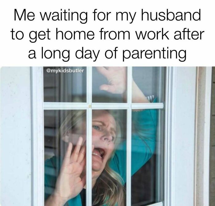 Woman looking stressed and overwhelmed behind a window, illustrating the struggles of funny and savage parenting memes.