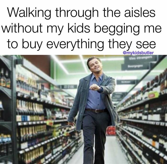 Man happily walking through store aisles without kids begging, representing funny and savage parenting memes relief.