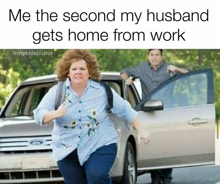 Woman running eagerly from a car with husband opening the door, depicting a funny and savage parenting moment.