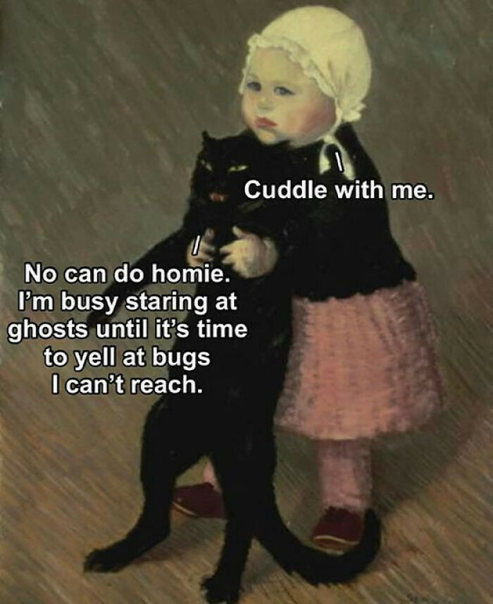 Child in vintage clothing holding a black cat with humorous text about cute and chaotic cat content.