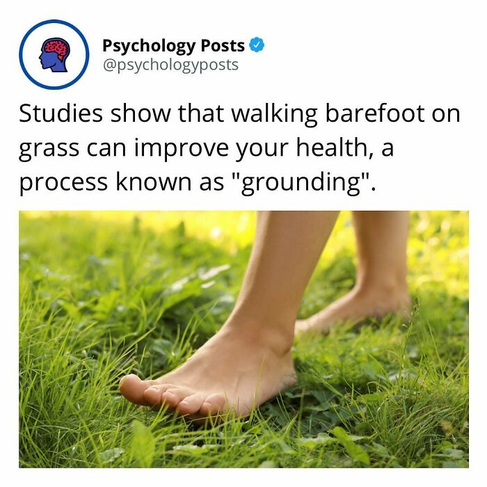 Barefoot feet walking on green grass representing fun and fascinating psychology facts about grounding and health benefits.