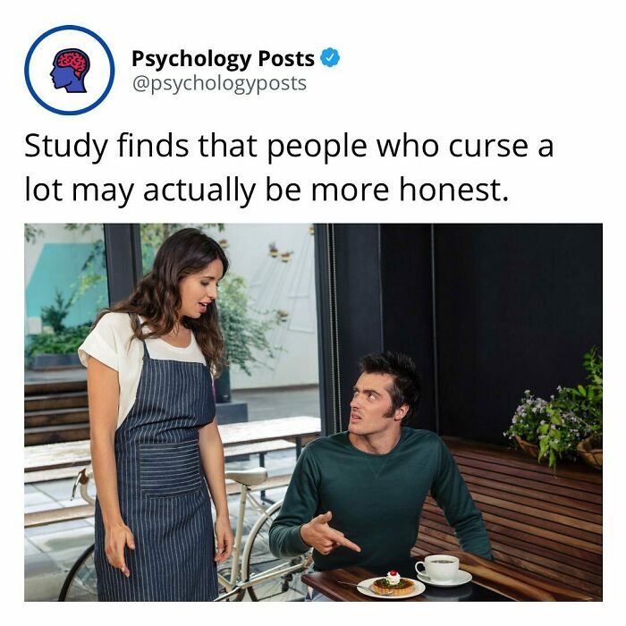Tweet from Psychology Posts about a study linking honesty to swearing, illustrating fun and fascinating psychology facts.