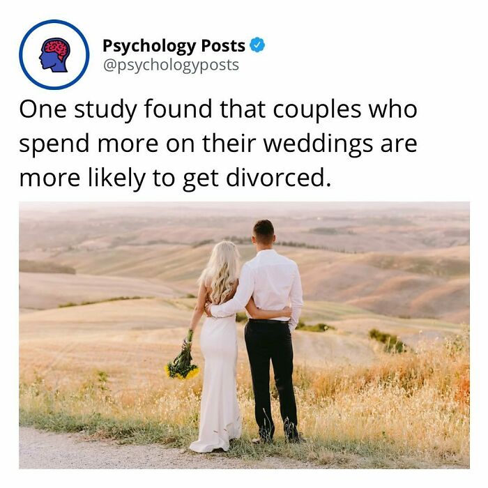 Couple standing on a hilltop in wedding attire illustrating psychology facts about weddings and divorce rates.