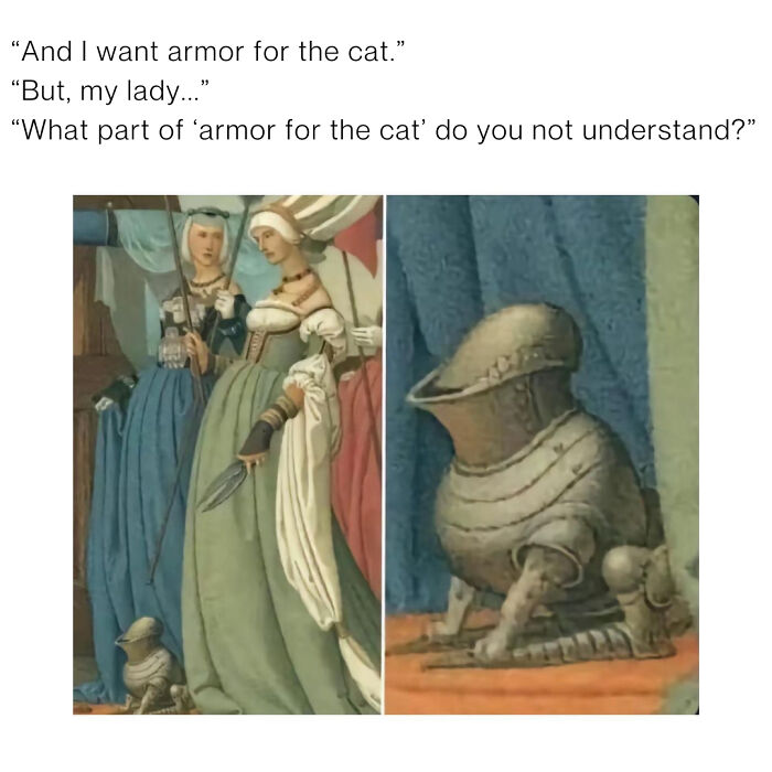 Medieval painting showing a small cat in full armor, highlighting cute and chaotic cat content humor.