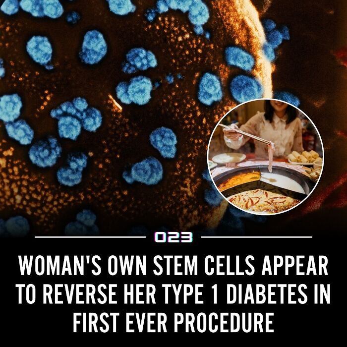 Close-up of stem cells with inset of a woman cooking, illustrating positivity recommended in health breakthroughs.