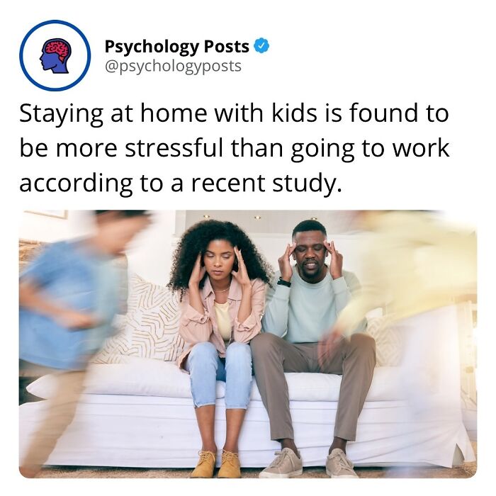 Stressed parents sitting on a couch with kids running around, illustrating fun and fascinating psychology facts.