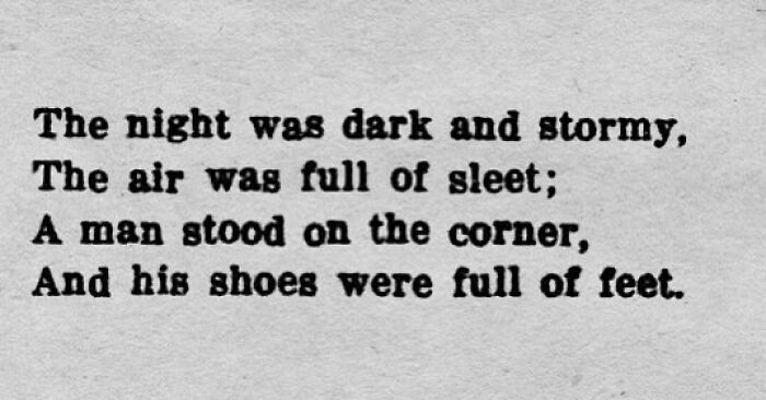Vintage newspaper clipping showing a humorous rhyme about a dark stormy night and wet shoes.