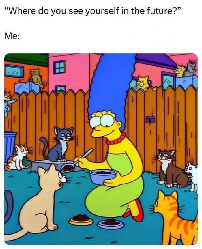 Marge Simpson feeding multiple cats outside, showcasing cute and chaotic cat content in a colorful backyard scene.