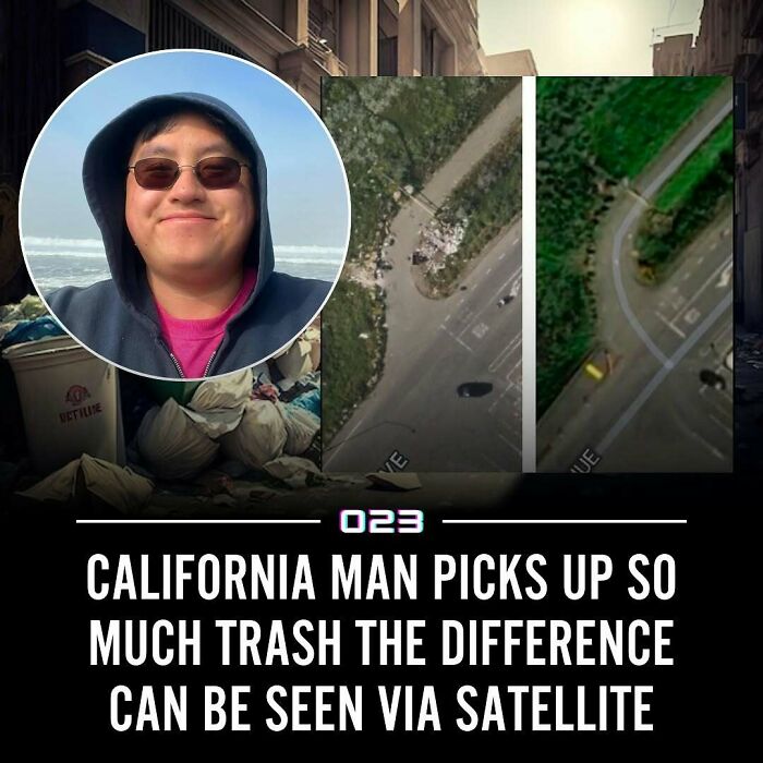 Smiling man in a hoodie cleans large amount of trash, showing positivity and impact visible from satellite images.