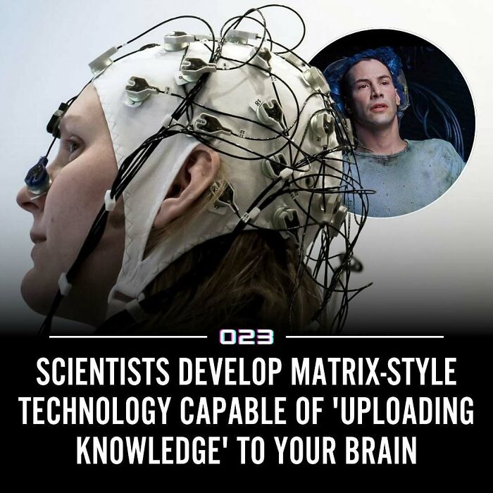 Person wearing a brain-computer interface cap with wires, illustrating matrix-style technology for uploading knowledge.