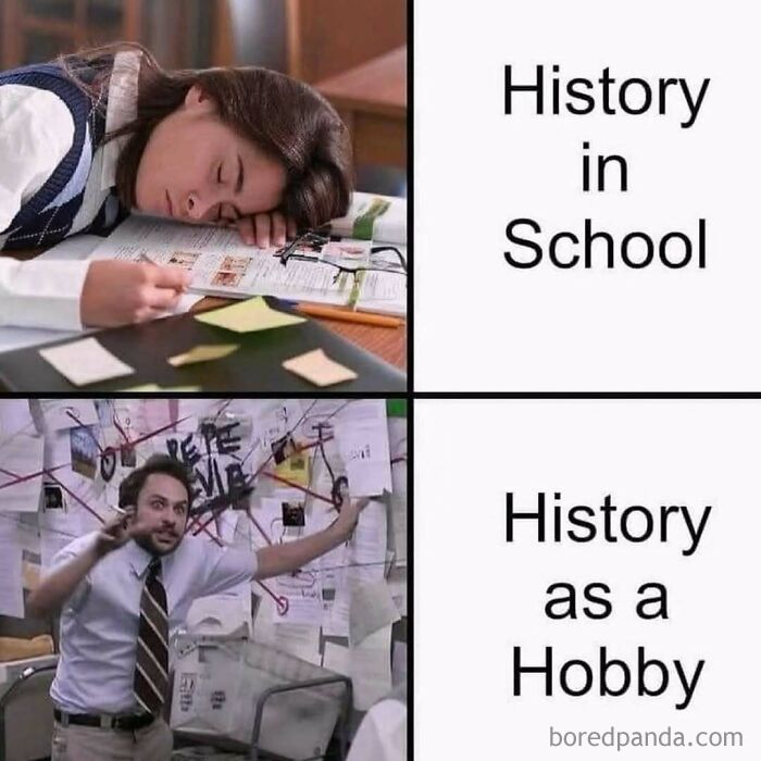 Person sleeping on a book labeled history in school contrasted with another explaining a complex theory for history hobby memes.